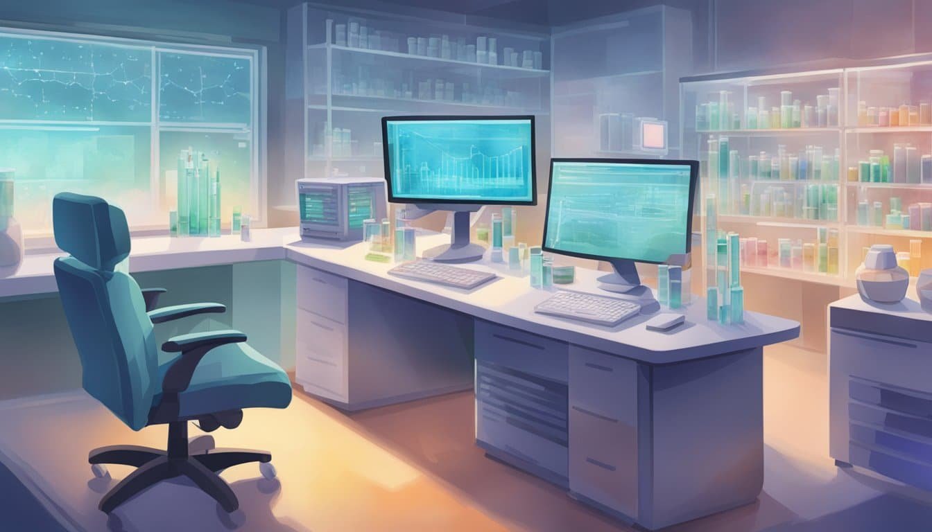 A laboratory with glowing test tubes and a CRISPR gene editing machine in the background, while a computer screen displays the DNA sequence of the CRISPR twins