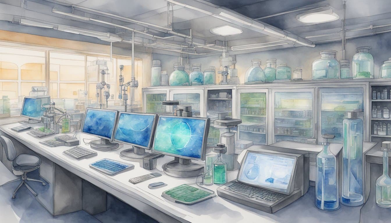 A laboratory setting with futuristic equipment and computer screens, showcasing the process of gene editing and the potential for creating crispr twins