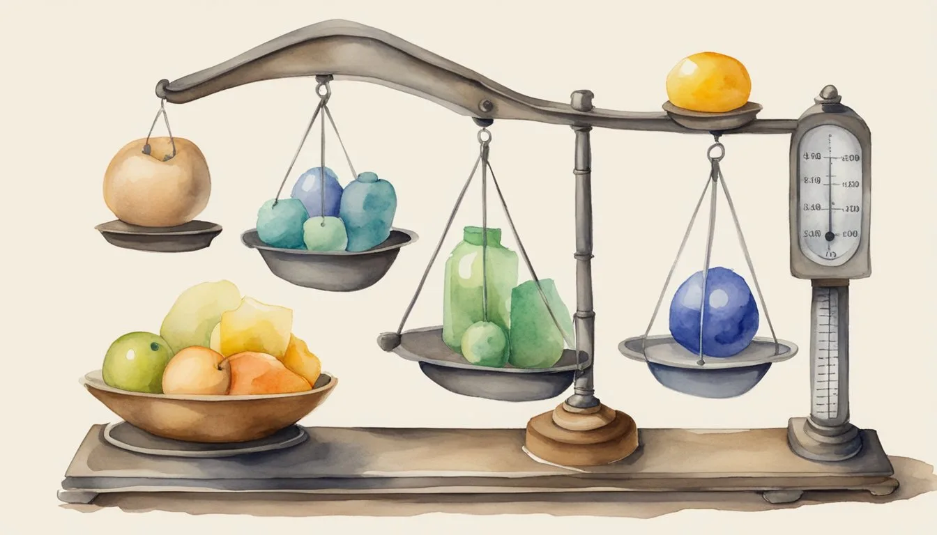 A scale with objects of different masses and weights. Labels show units in grams and newtons