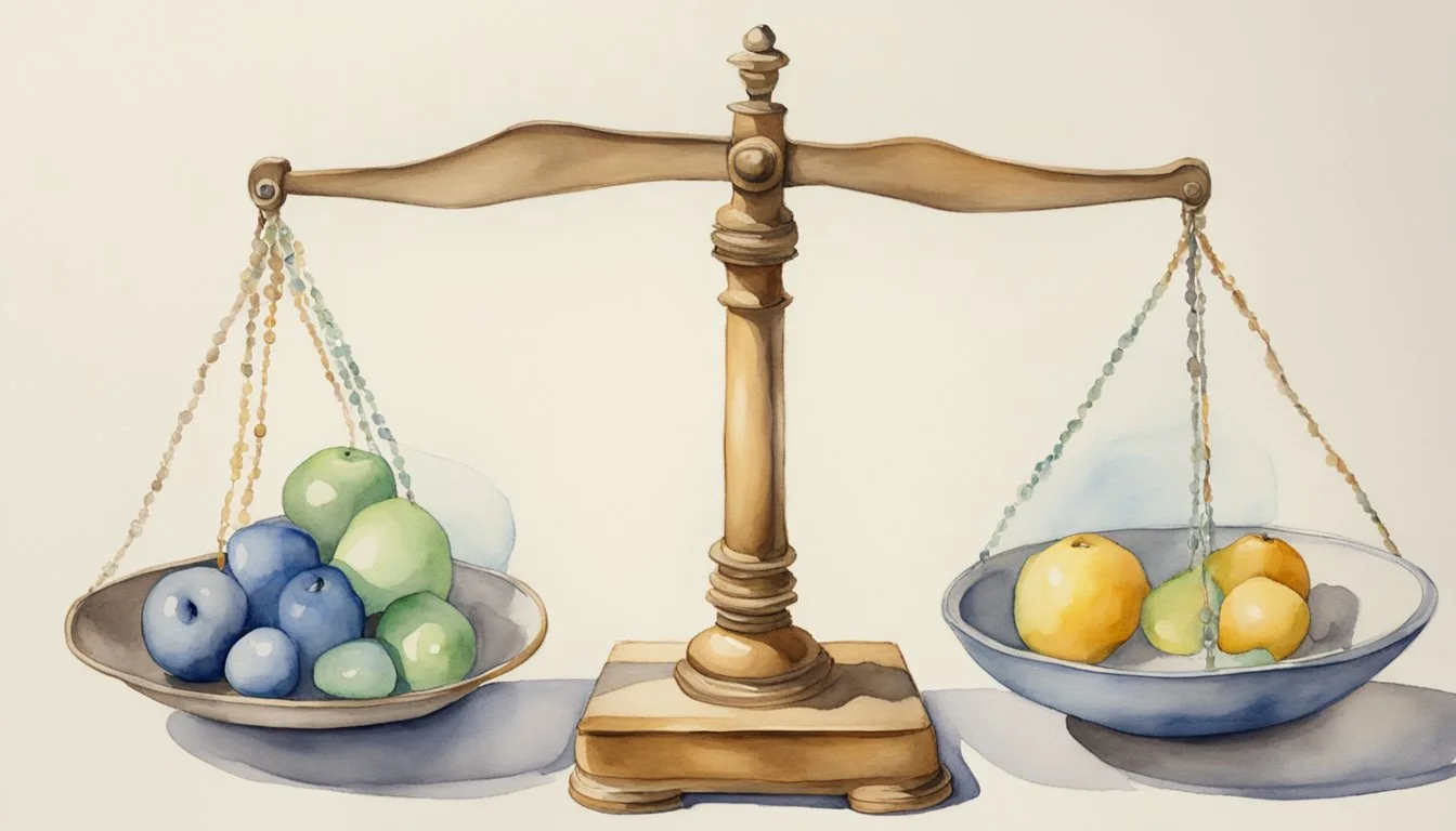 Objects on a scale, with one side showing mass and the other showing weight. Gravity pulls down on the weight side, while mass remains constant
