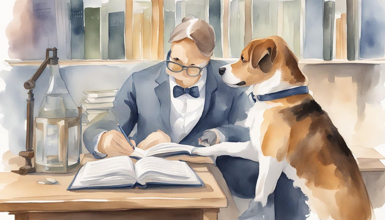 A dog sits in front of a book with English words.</p><p>A scientist observes, taking notes on the dog's reactions