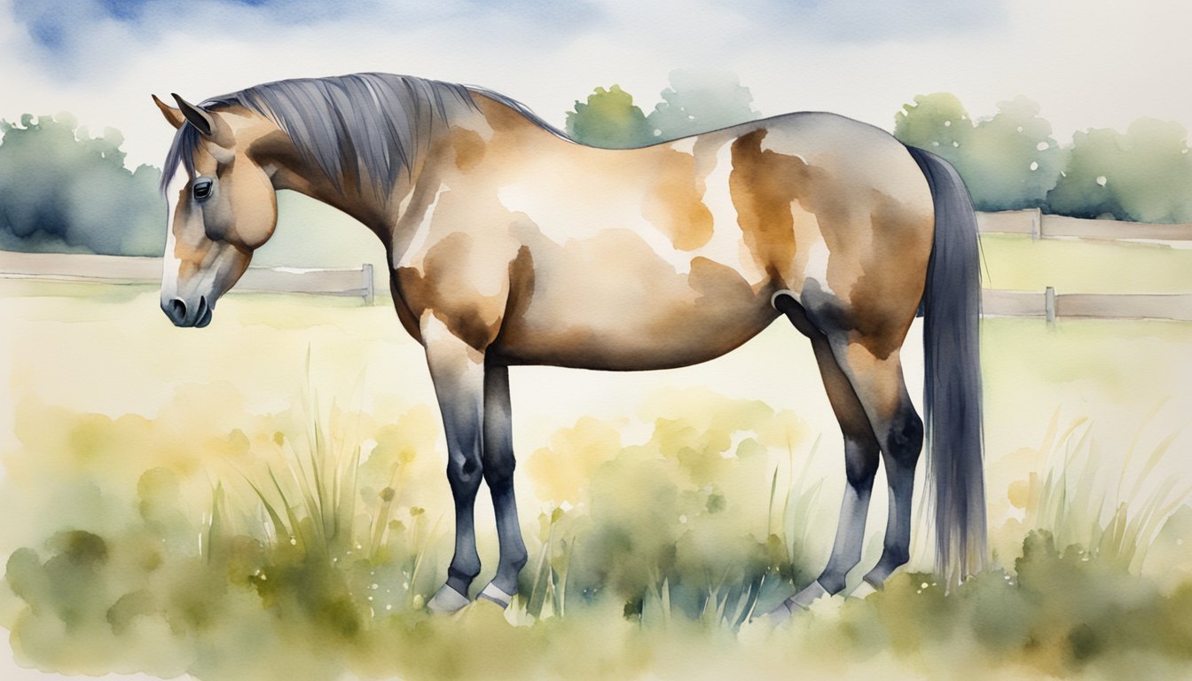 A horse stands in a tranquil pasture, eyes closed, head drooping, and legs locked in a relaxed position