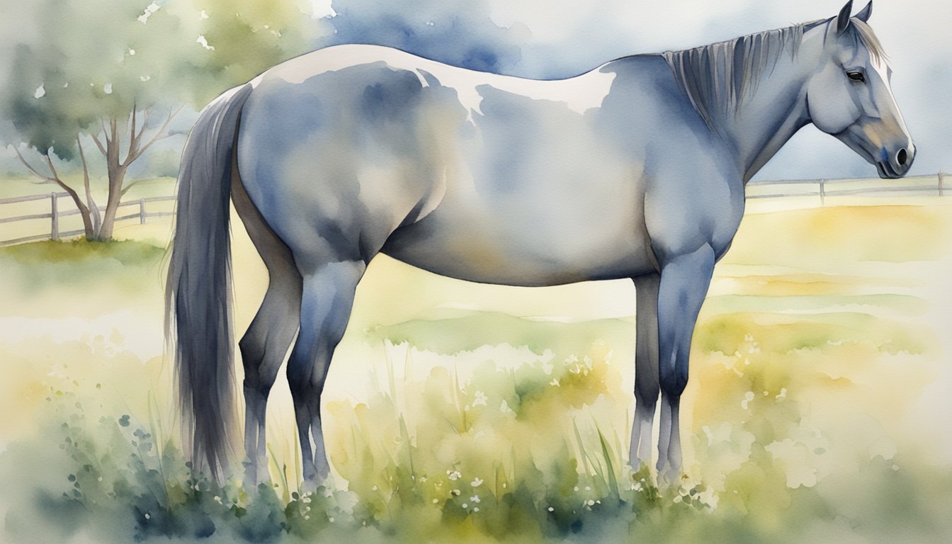 A horse stands in a peaceful pasture, eyes closed, head drooping slightly as it sleeps standing up