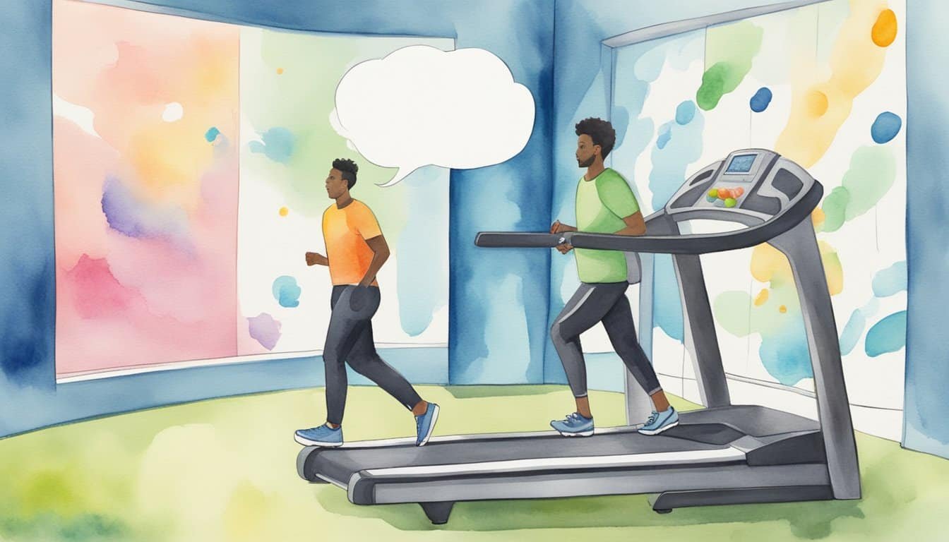 A person walking on a treadmill while chewing gum, with a thought bubble showing various health benefits beyond calorie burning