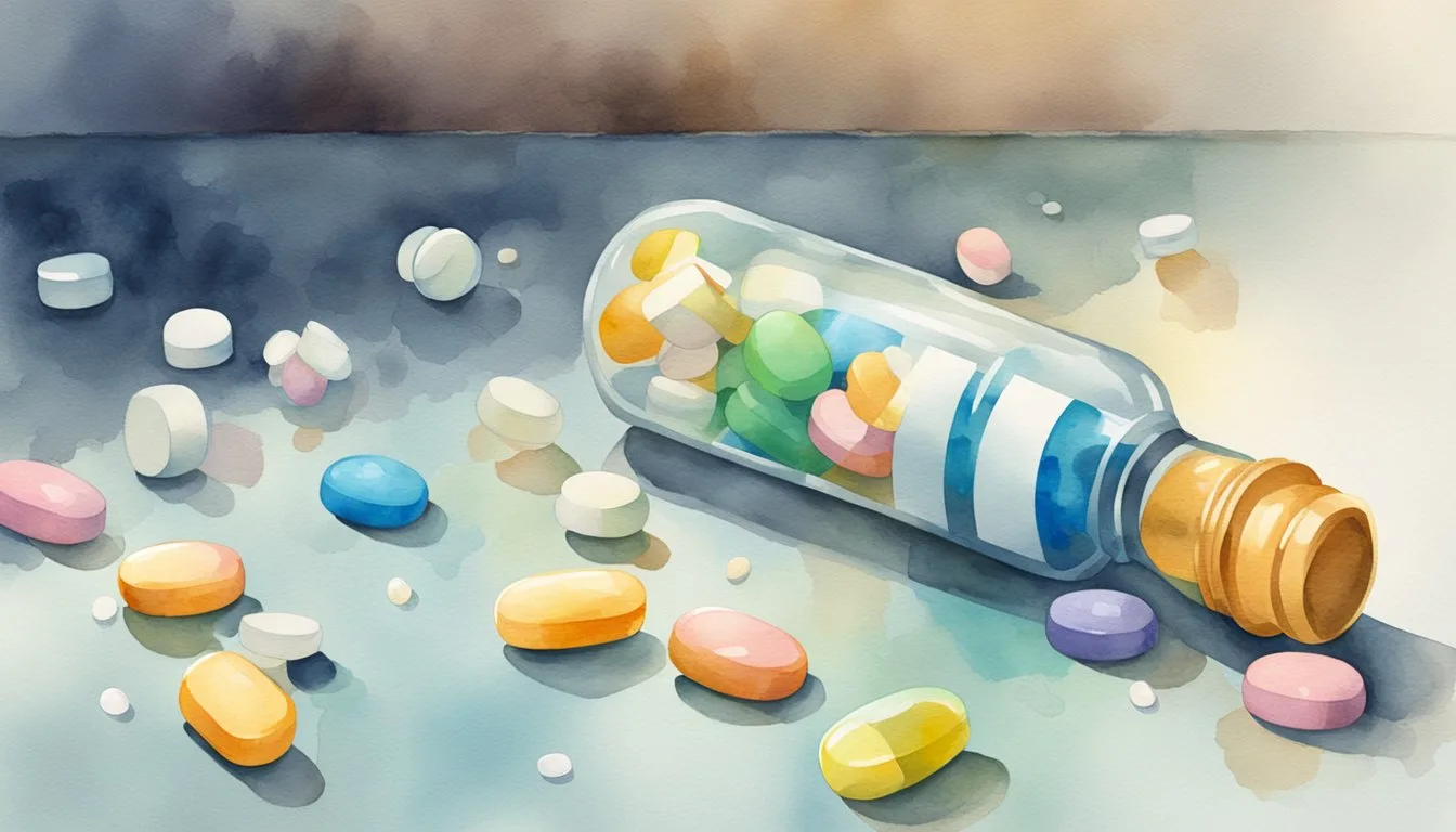 A bottle of pills spills on the floor, scattered with a worried face in the background