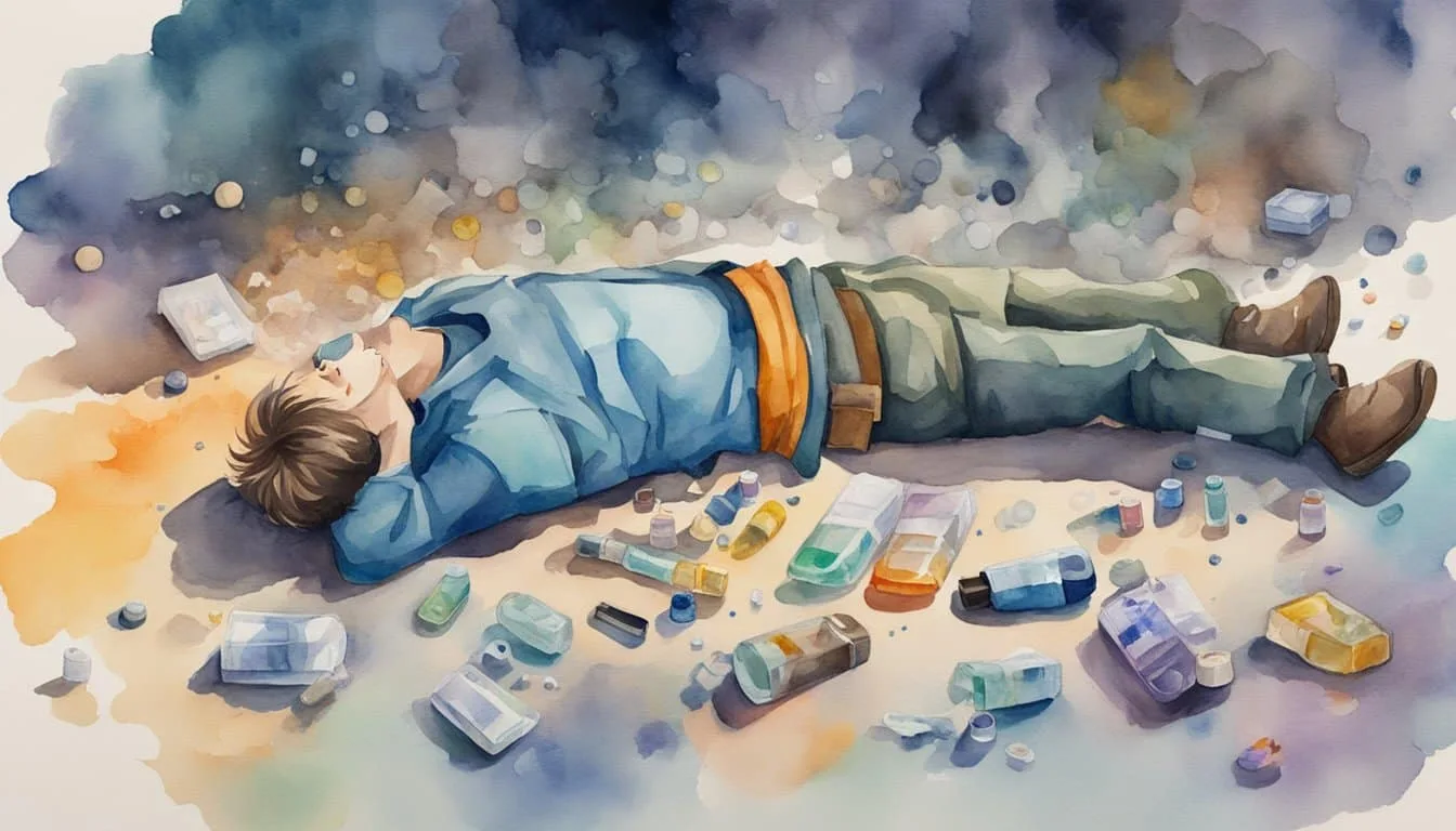 A person lying on the ground, surrounded by scattered drug paraphernalia. A bystander looking concerned, holding a phone, and calling for help