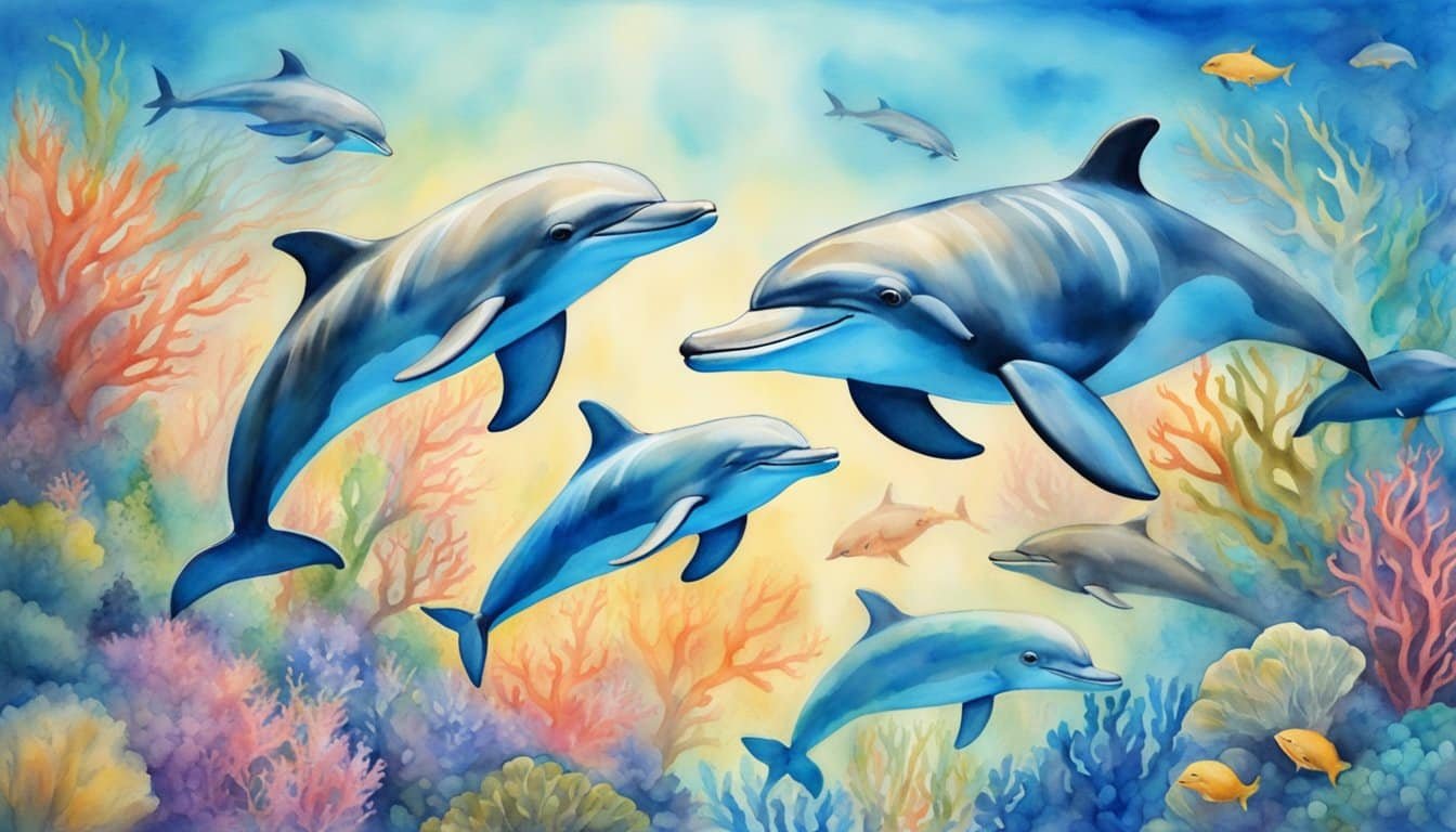 Dolphins swimming gracefully in clear blue waters, surrounded by a vibrant coral reef and other marine life