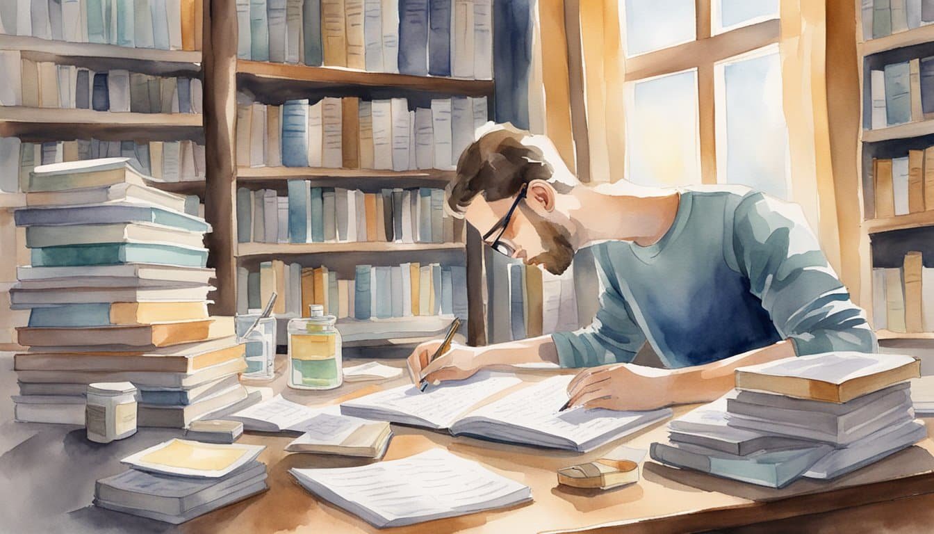 A person studying at a desk surrounded by books and notes, with a bottle of memory-enhancing pills and a list of potential side effects