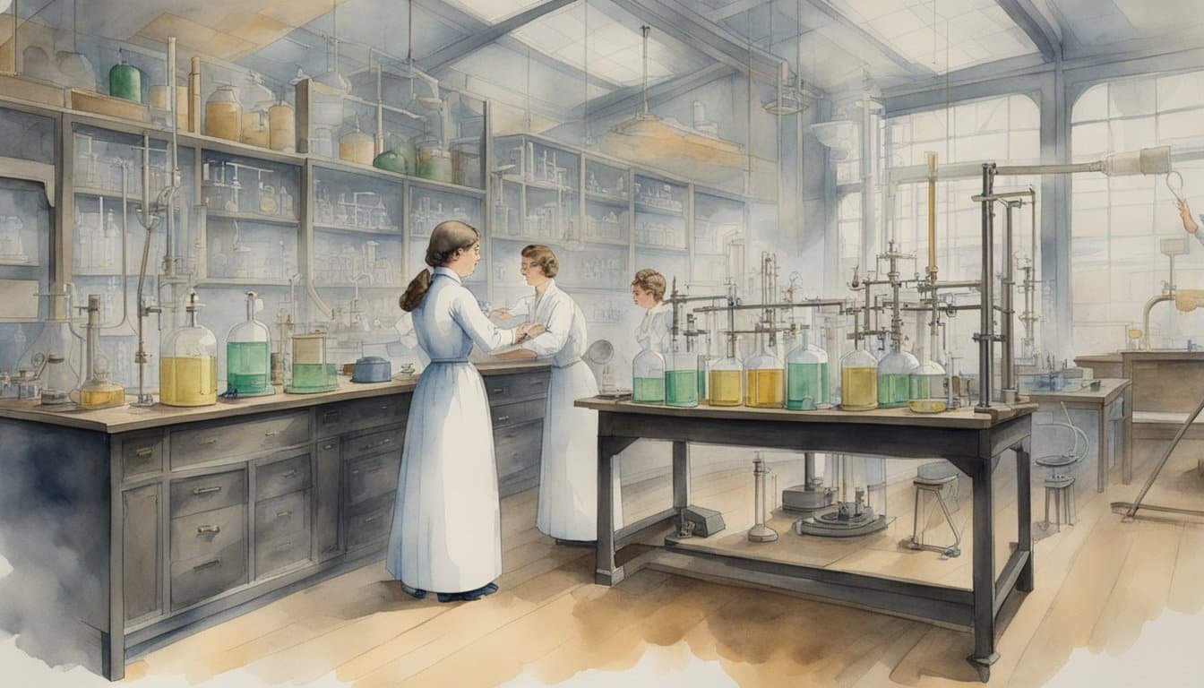 Eunice Newton Foote conducts experiments with gases in a laboratory setting, surrounded by scientific equipment and charts