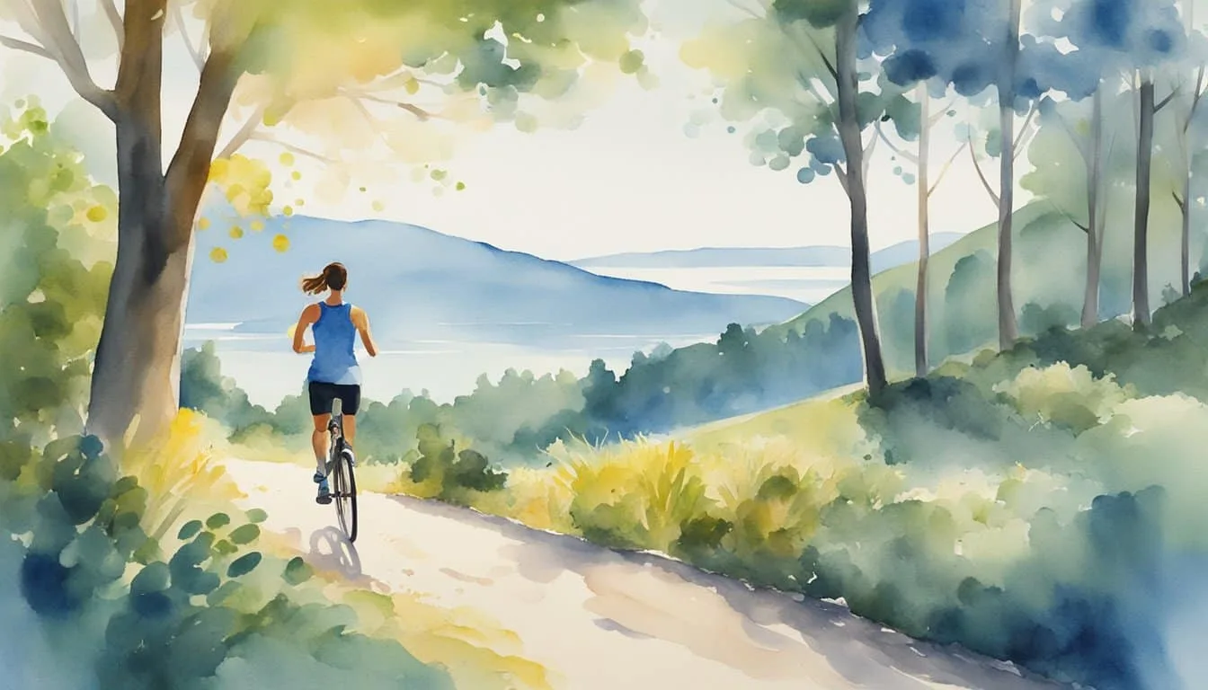 A person exercising outdoors, surrounded by nature, with a clear blue sky and sunshine. The person is engaged in physical activity, such as running or cycling, with a sense of determination and focus