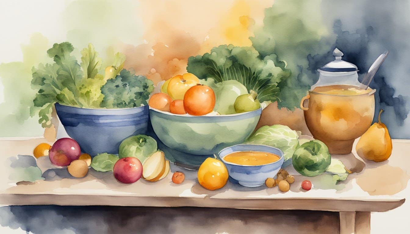 A steaming bowl of soup sits on a table, surrounded by a variety of fruits and vegetables.</p><p>A thermometer lies nearby, showing a low temperature