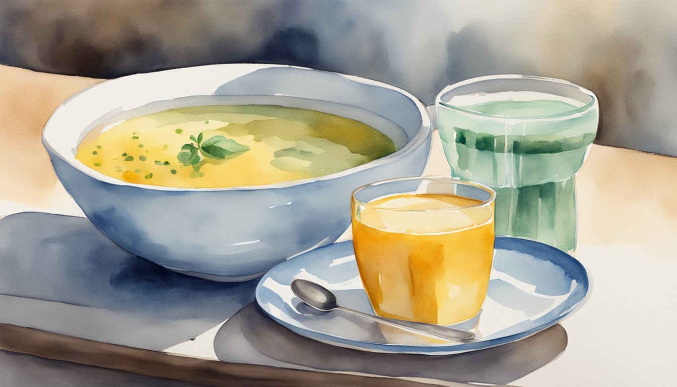 A glass of water and a bowl of soup on a table with a thermometer nearby