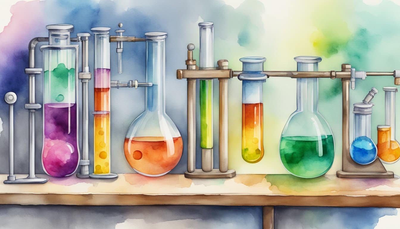 Various test tubes and beakers filled with colorful liquids, alongside a microscope and scientific equipment, all set on a laboratory bench