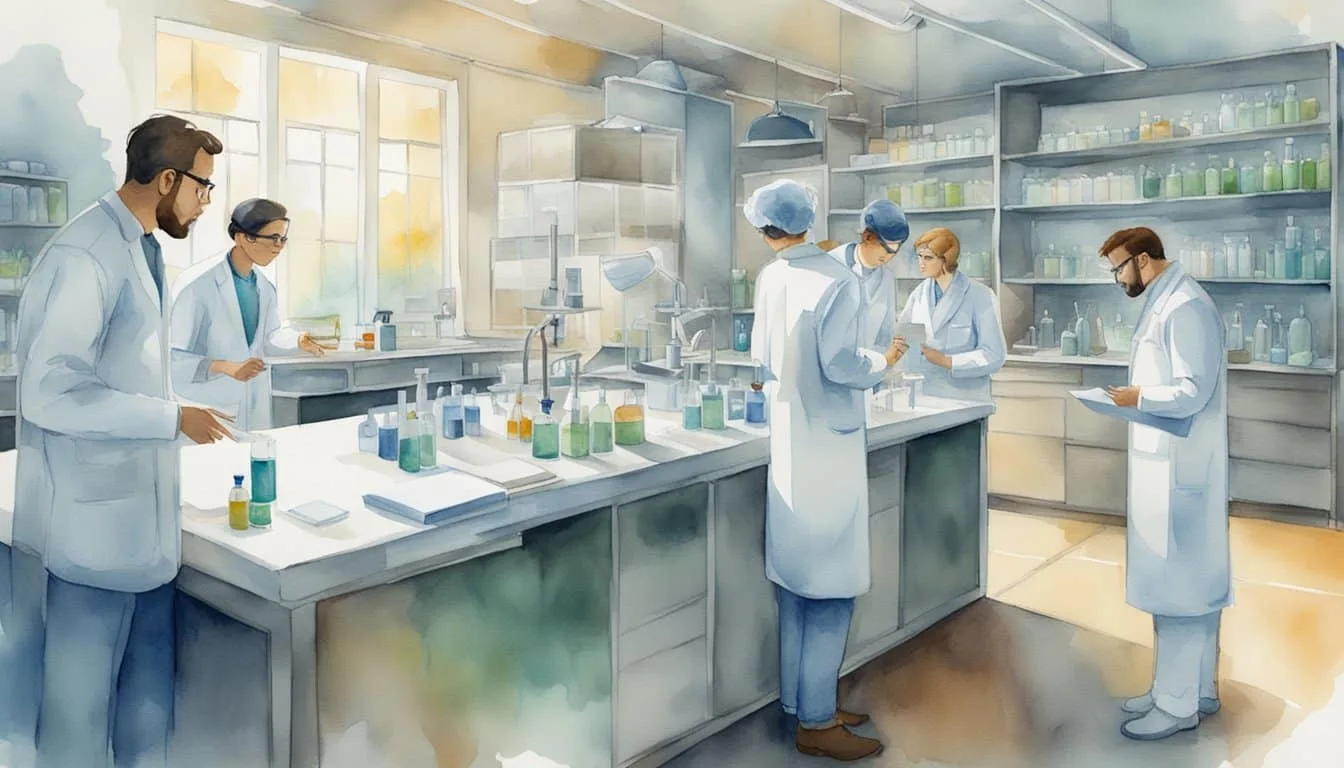 A group of forensic scientists discussing ethical considerations and social impact of their work in a modern laboratory setting