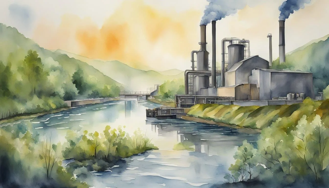 A factory releases toxic chemicals into a river, contaminating the water and surrounding environment. Wildlife and plant life struggle to survive in the polluted ecosystem