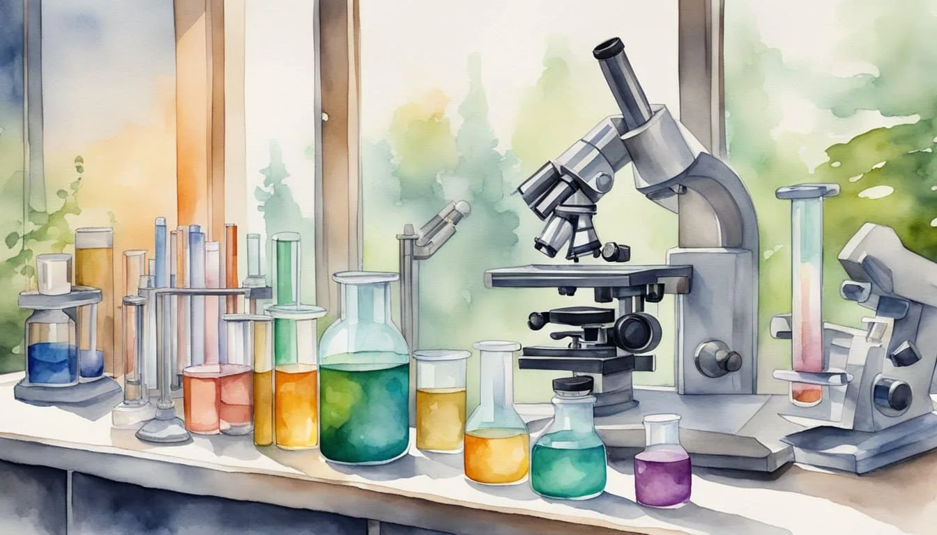 A laboratory setting with test tubes, microscopes, and research papers, showcasing scientific advances in gut health treatments for depression