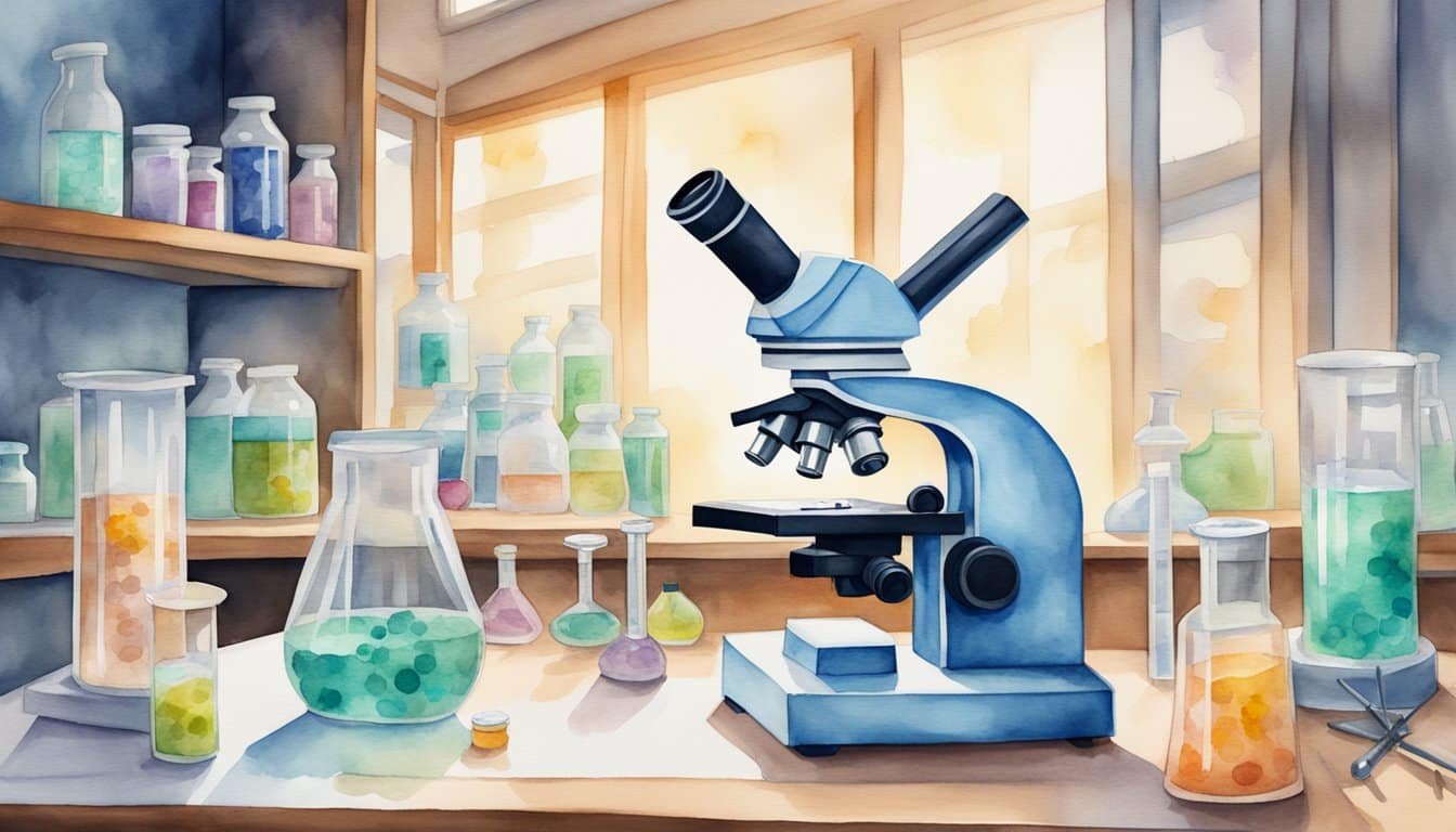 A laboratory setting with a microscope, DNA strands, and CRISPR-Cas9 molecules on a lab bench, symbolizing genetic manipulation and its ethical implications