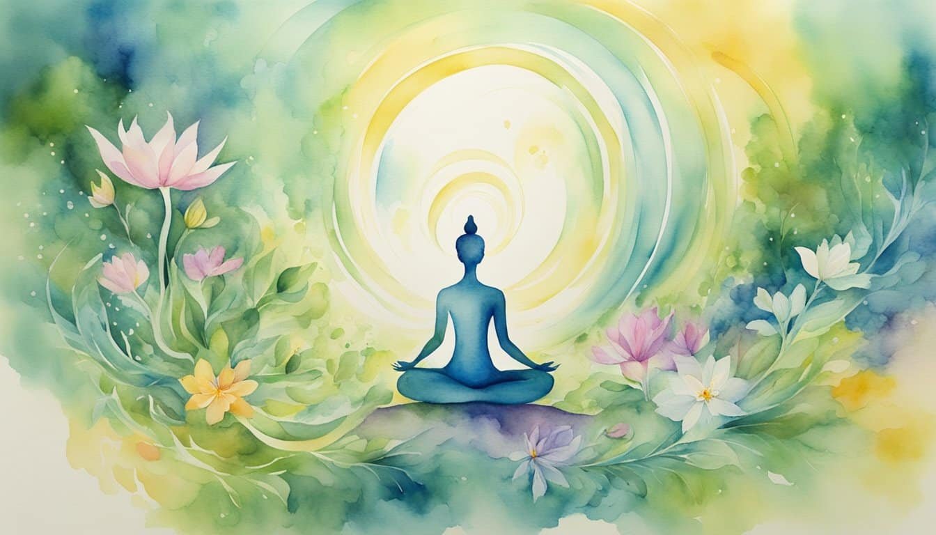 A serene garden with swirling energy surrounding a meditating figure, representing the power of the mind to heal the body