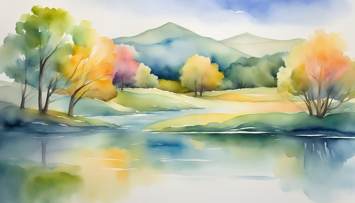 A serene, tranquil landscape with vibrant colors and soft, flowing lines, conveying a sense of inner peace and mental clarity