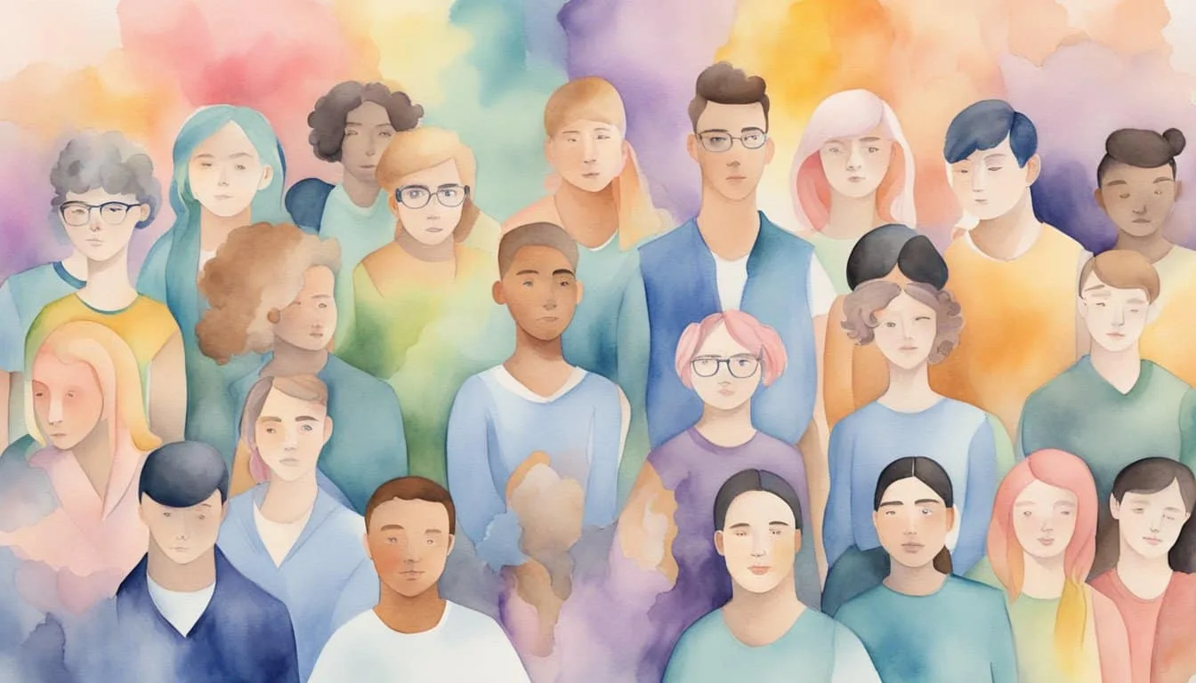 LGBTQ+ individuals facing discrimination, with words like "hate" and "fear" surrounding them. Symbols of resistance and support in the background