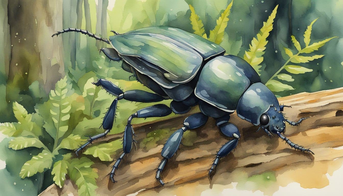 A horned beetle crawls on a decaying log in a dense, tropical rainforest.</p><p>Surrounding vegetation includes ferns, moss, and towering trees