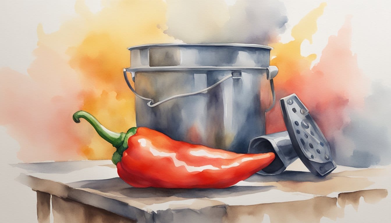 A bright red pepper with steam rising, surrounded by caution signs and protective gear