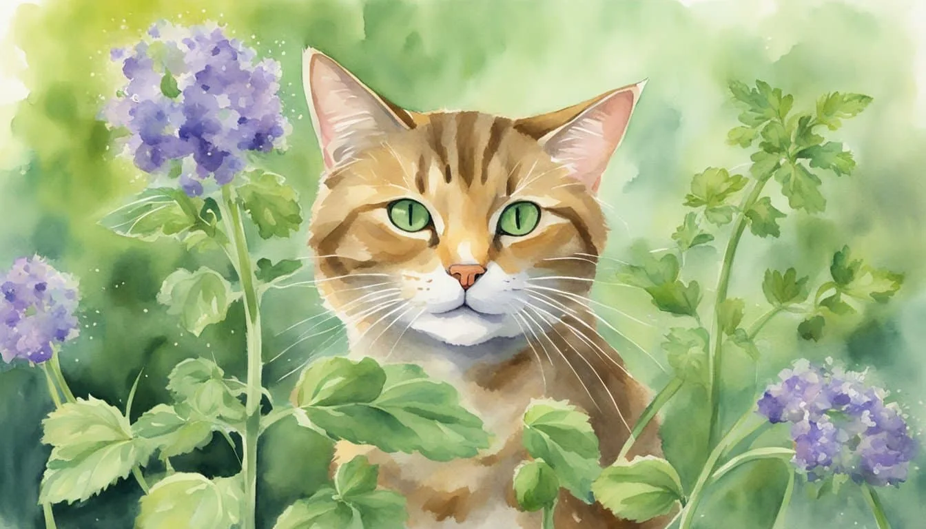 Catnip plant releasing scent, cat sniffing, then rolling and rubbing against it. Illustrator can depict cat's reaction to catnip