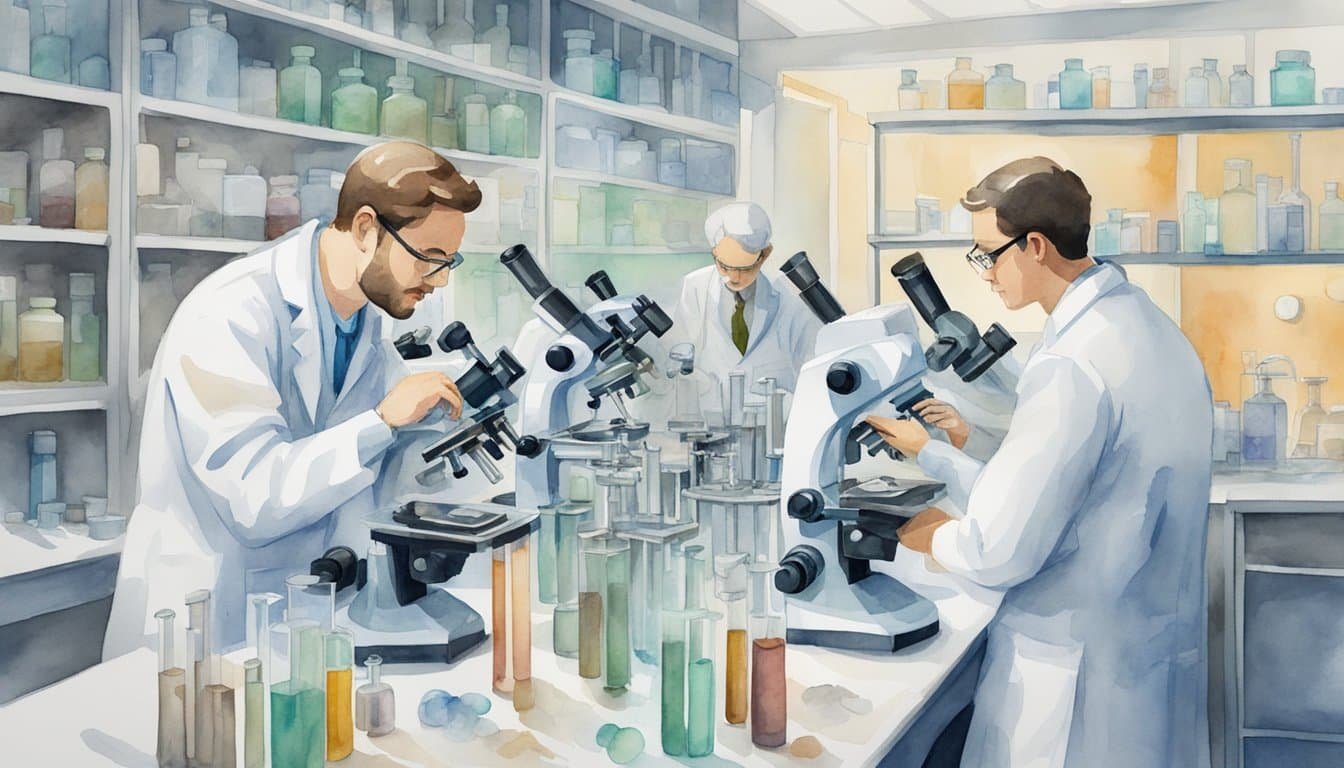 A laboratory setting with microscopes, test tubes, and brain models.</p><p>Researchers in lab coats examining data and discussing findings