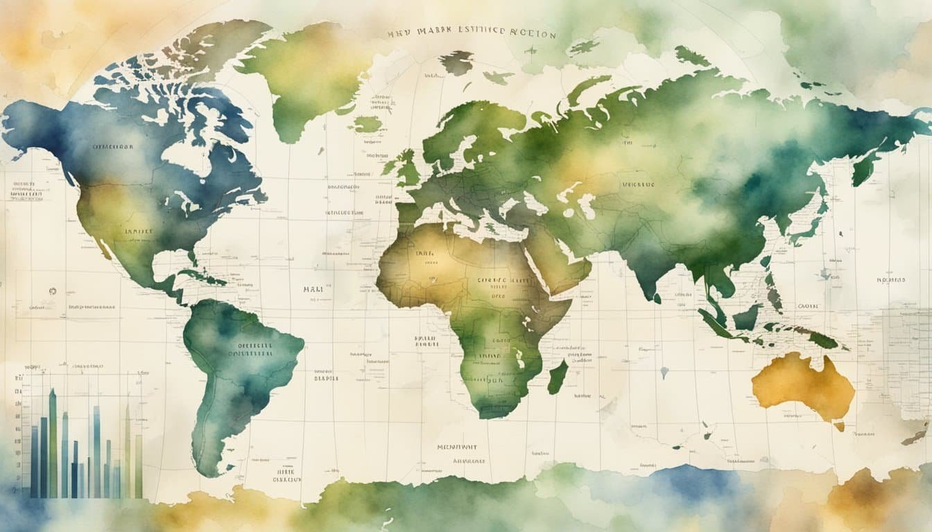 A world map with labeled regions, surrounded by scientific instruments and data charts on trees