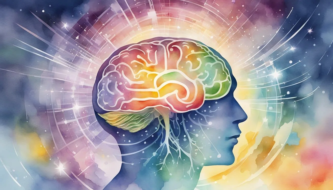 A brain surrounded by swirling data, with beams of light representing the capacity for knowledge and understanding