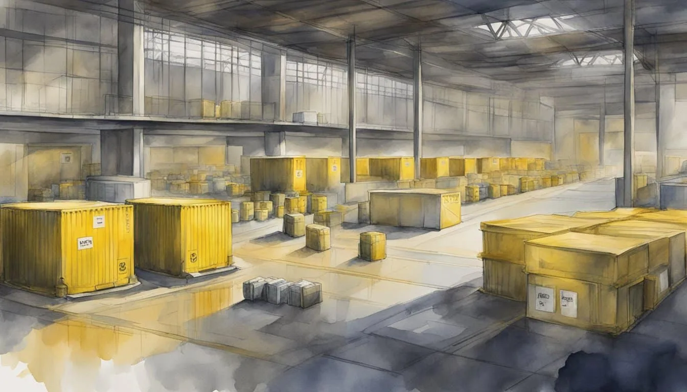 Nuclear waste containers stacked in a secure storage facility, surrounded by warning signs and protective barriers. A disposal site in the distance with workers in protective gear
