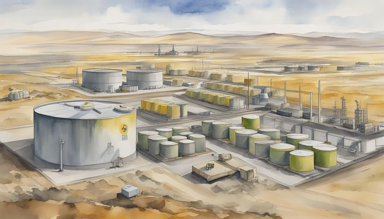 A vast storage facility holds barrels of nuclear waste, surrounded by warning signs and monitoring equipment. The landscape is desolate, with a focus on the impact on the environment