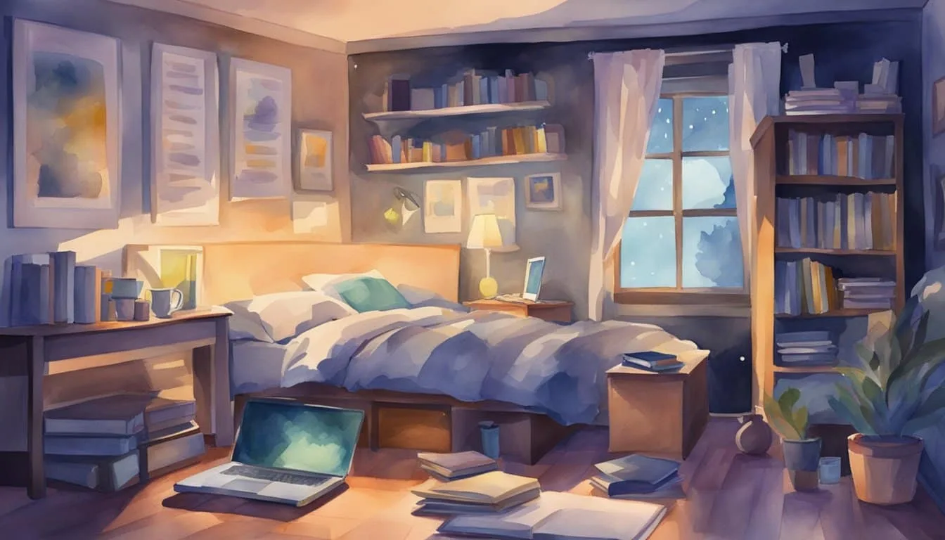 Teen bedroom with dim lighting, digital devices, and school books scattered. Clock shows late night hours. Teenager tossing and turning in bed