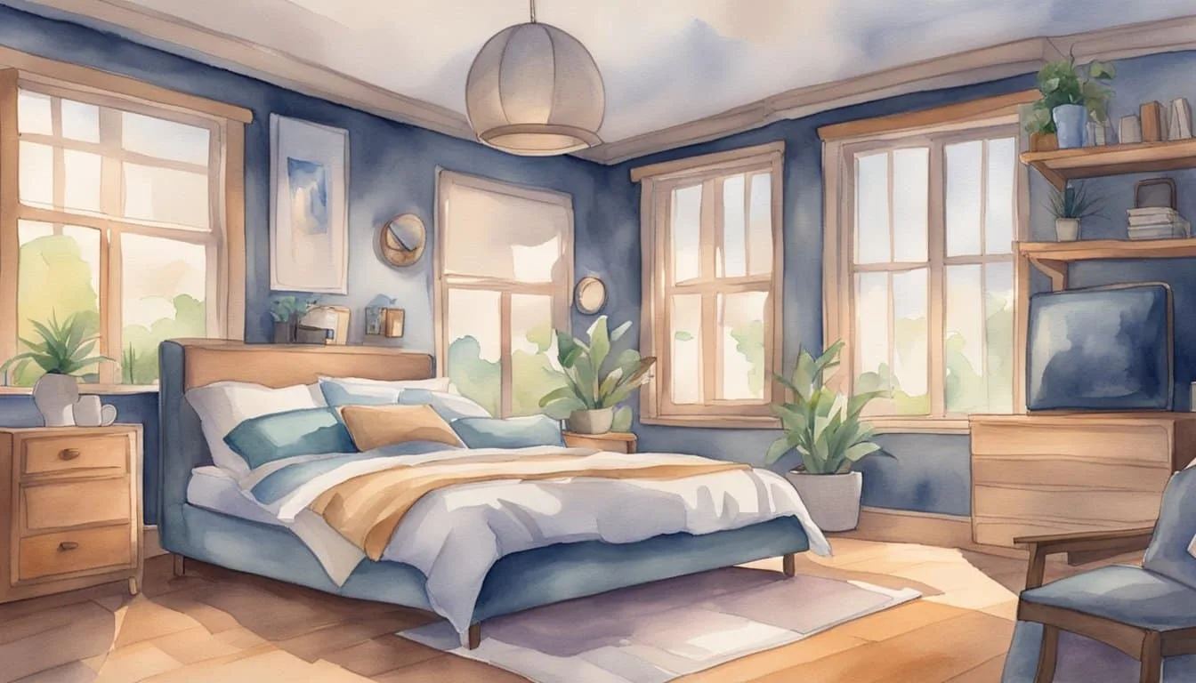 A teen's bedroom with a cozy bed, soft lighting, and a calming atmosphere. A clock showing the recommended 8-10 hours of sleep. No humans or body parts