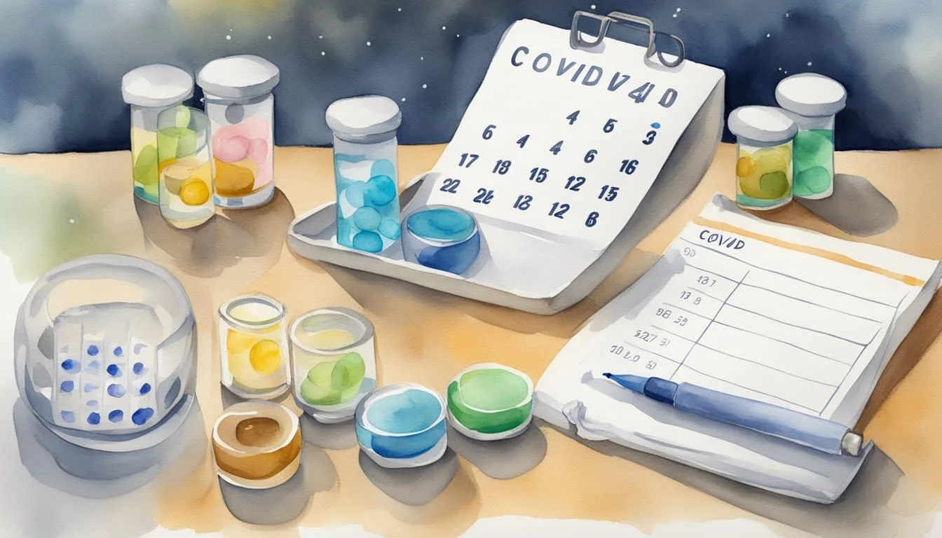 A medical table with vials labeled "Covid Booster" and a calendar showing the recommended time intervals for receiving the shots