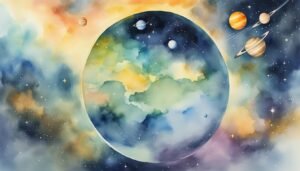 Watercolor painting of a whimsical solar system.