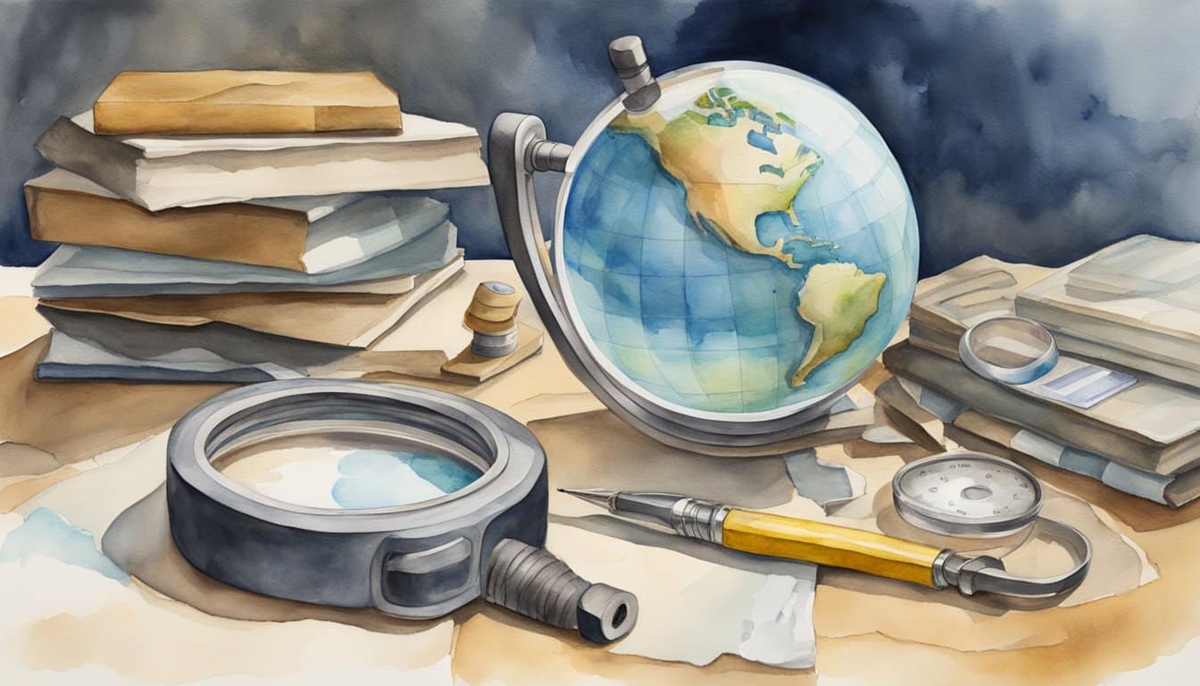 A magnifying glass hovers over layers of rock, a tape measure stretches across a fossil, and a globe sits on a desk