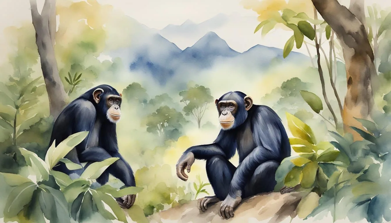 Chimpanzees in forest, savanna, and mountains. They use tools, communicate, and solve problems