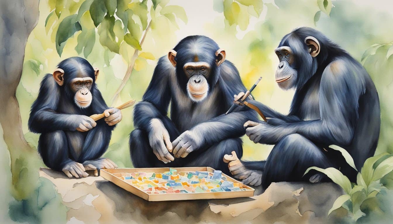 Chimpanzees using tools, solving puzzles, and communicating with each other, showcasing their intelligence and social skills