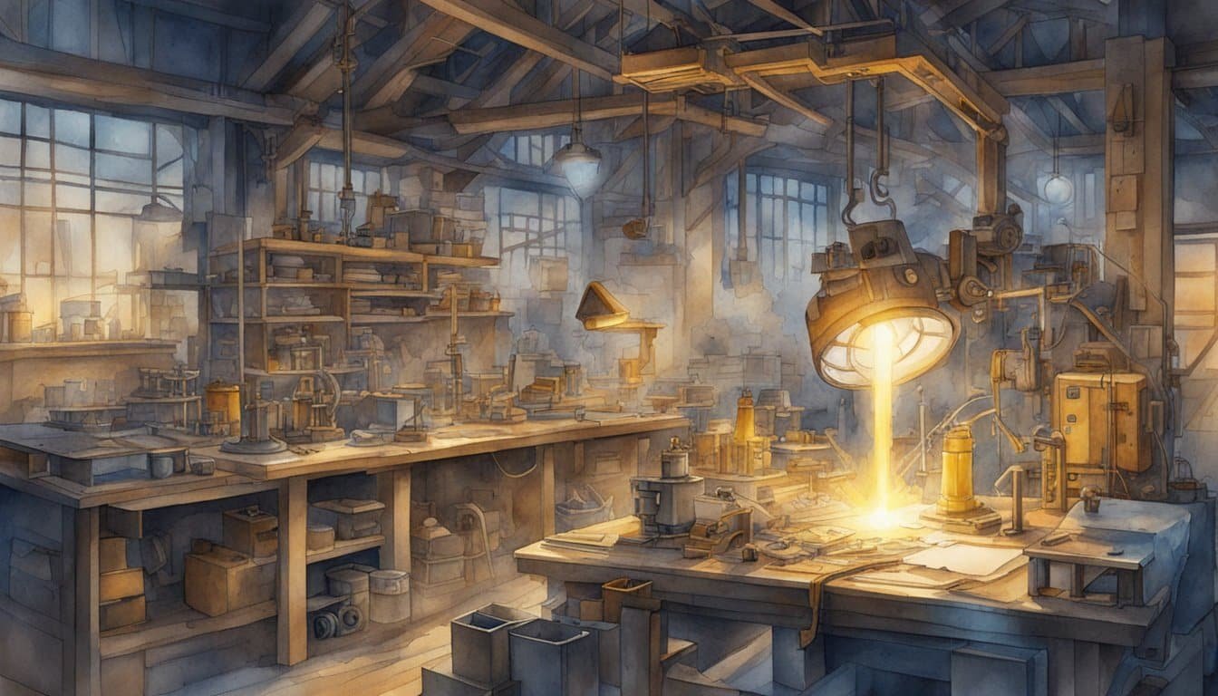 A cluttered workshop with tools, blueprints, and a glowing energy source.</p><p>A futuristic machine takes shape amidst sparks and whirring gears