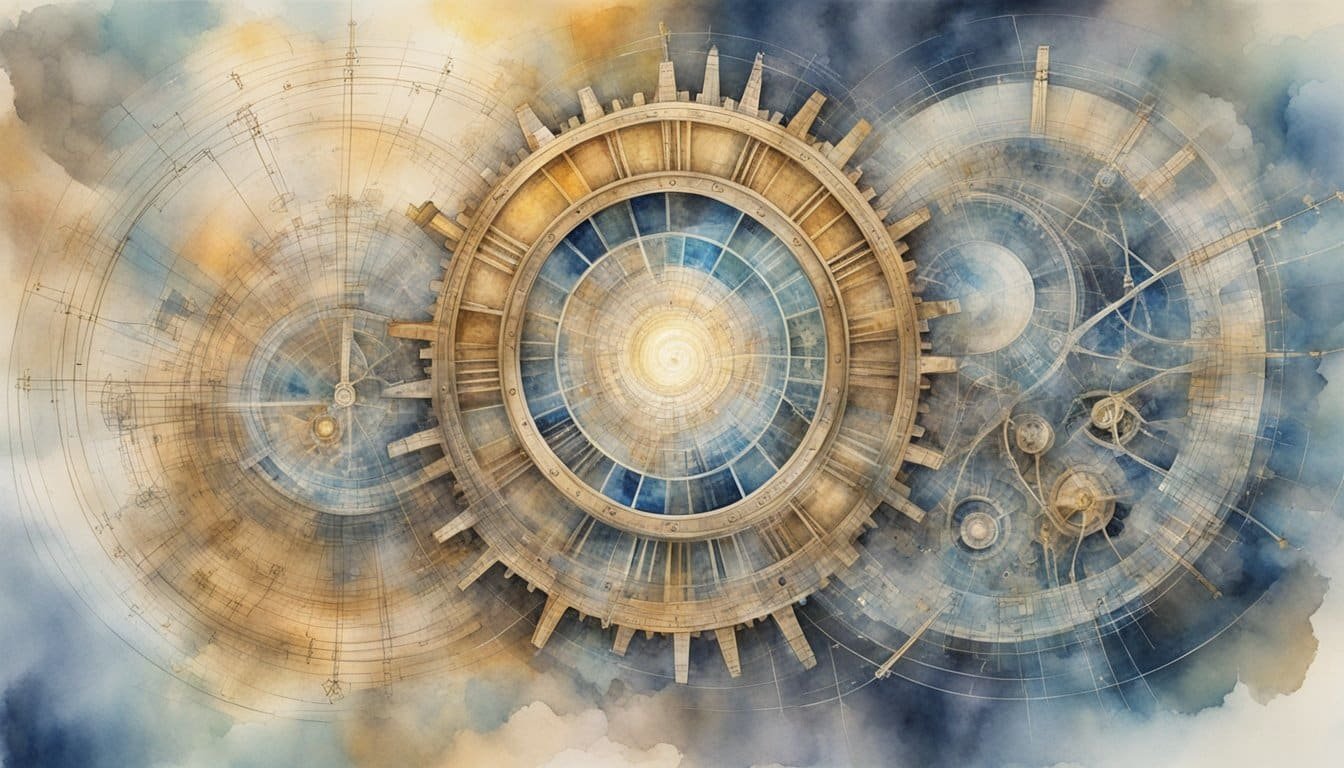 A swirling vortex of light and energy emerges from a complex network of gears and wires, surrounded by equations and diagrams representing the ethical dilemmas of time travel