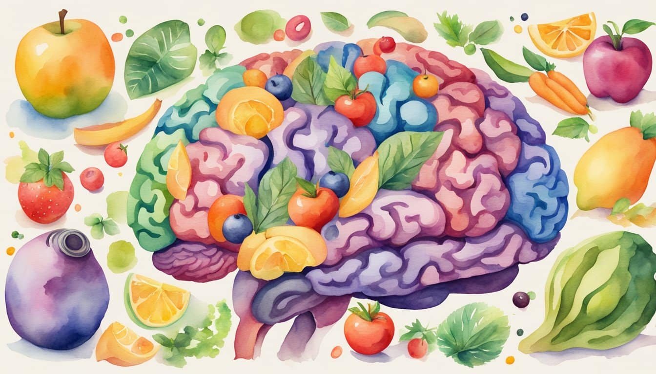 A vibrant brain surrounded by healthy foods, exercise equipment, books, and puzzles