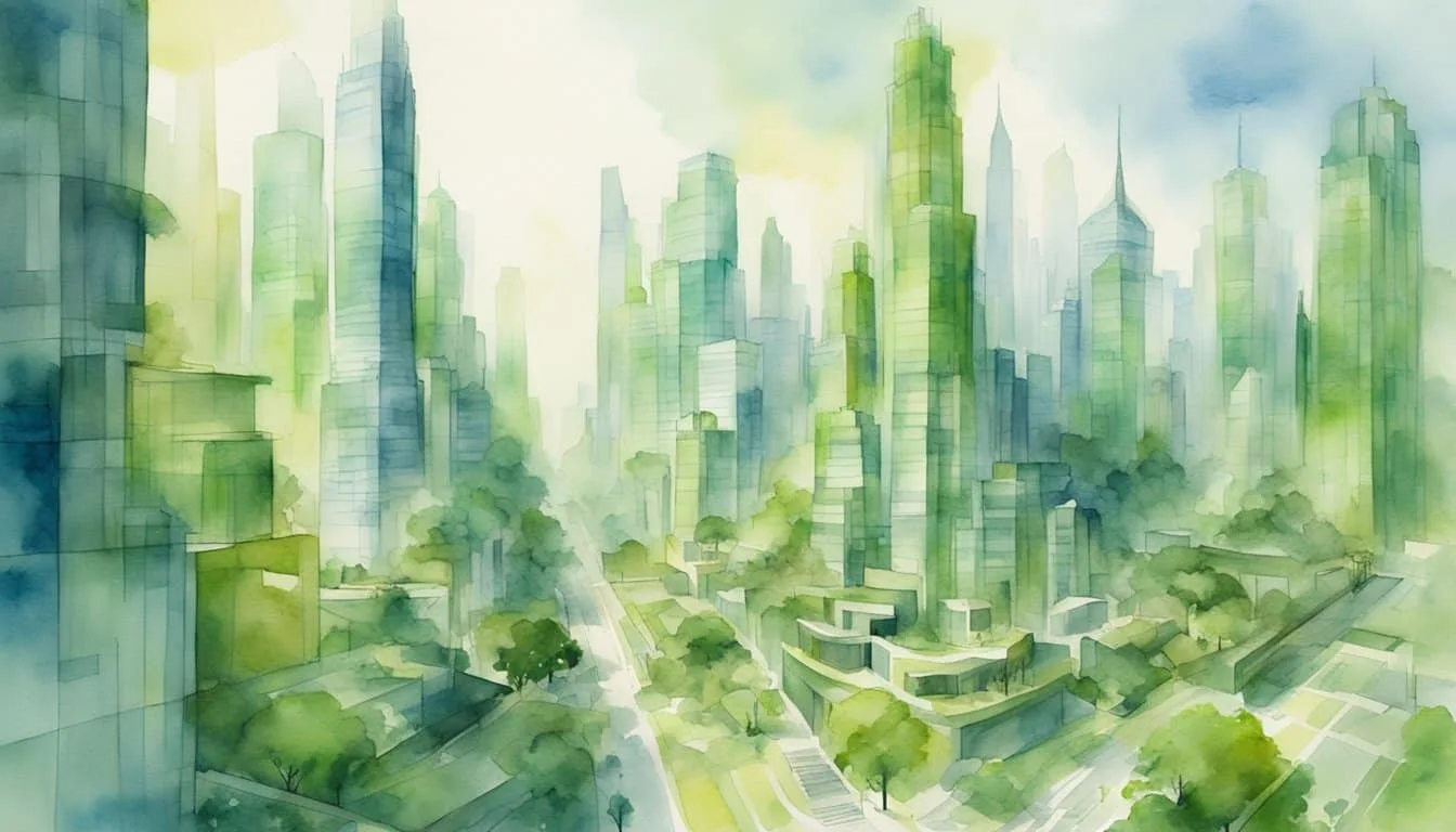 A bustling city of towering buildings, advanced technology, and green infrastructure, hinting at the future evolution of human society