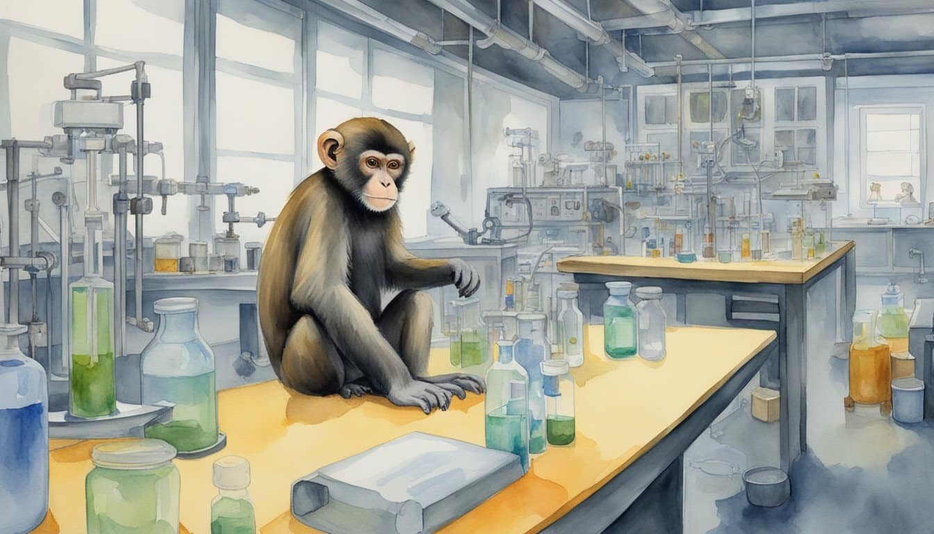 A monkey sits in a laboratory, connected to various tubes and machines.</p><p>Scientists observe as the monkey exhibits human-like behaviors