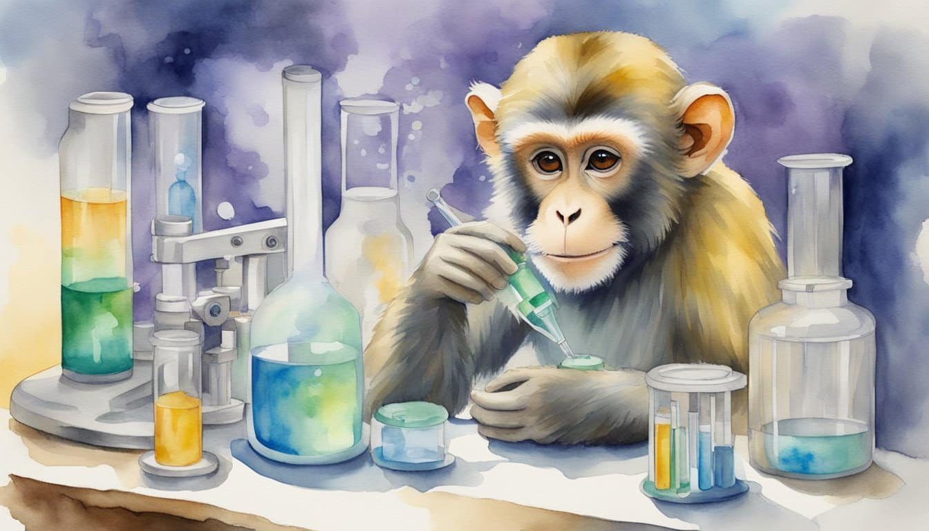 A monkey and a laboratory setting with scientific equipment, representing ethical considerations in chimera research