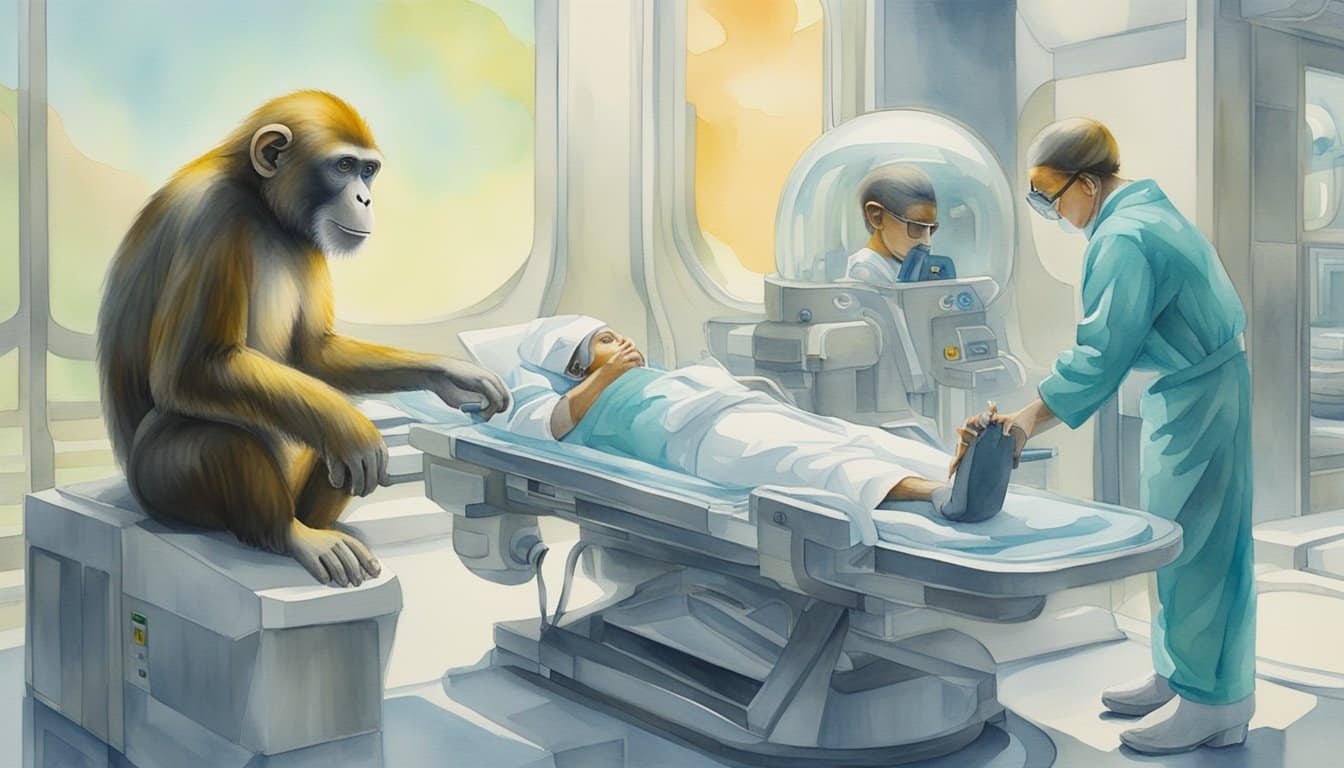 A monkey receiving medical treatment in a futuristic setting