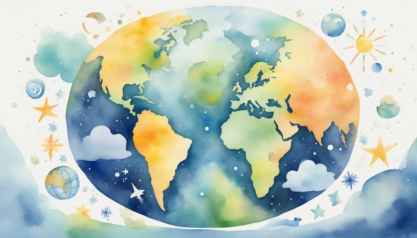 A globe surrounded by various weather symbols, representing global forecasts and the impact on humanity's future