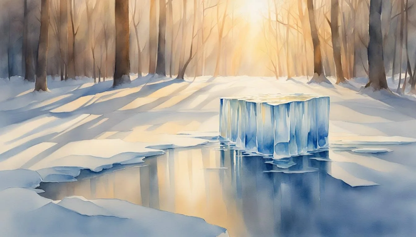 The sun's rays shining on a block of ice, causing it to slowly transform into water, dripping down onto the ground