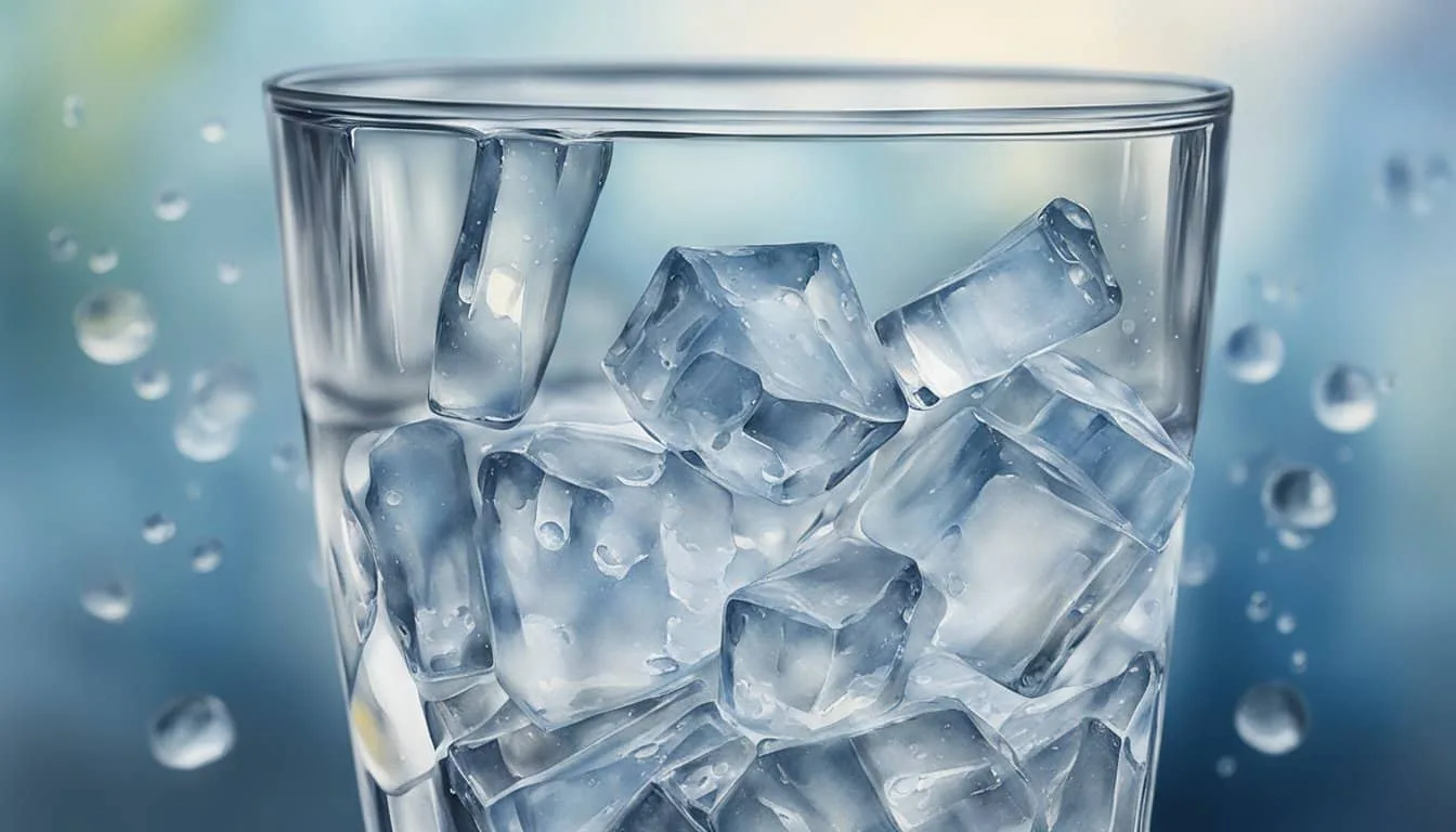 Ice slowly melting in a glass of water, water droplets forming on the surface and sliding down the sides