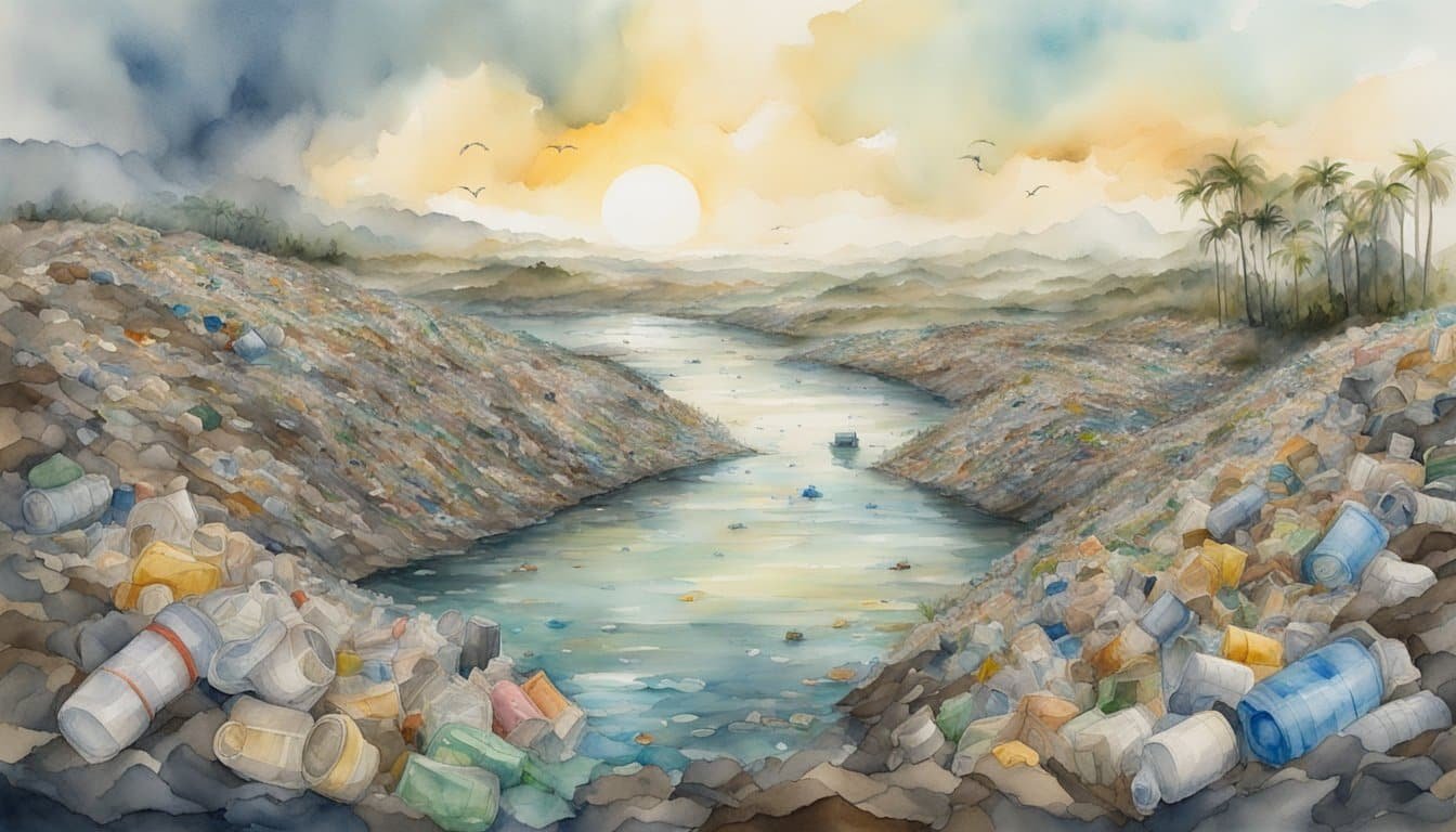 A landfill overflowing with plastic waste, surrounded by polluted water and wildlife struggling to survive